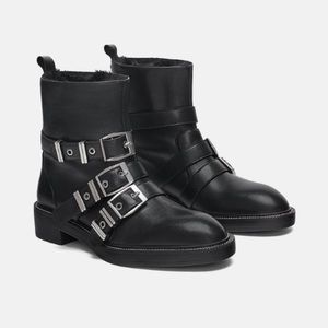 ZARA Leather Biker Ankle Boots Faux Fur Lined Black EU 38 / US 8 NWOT Moto)